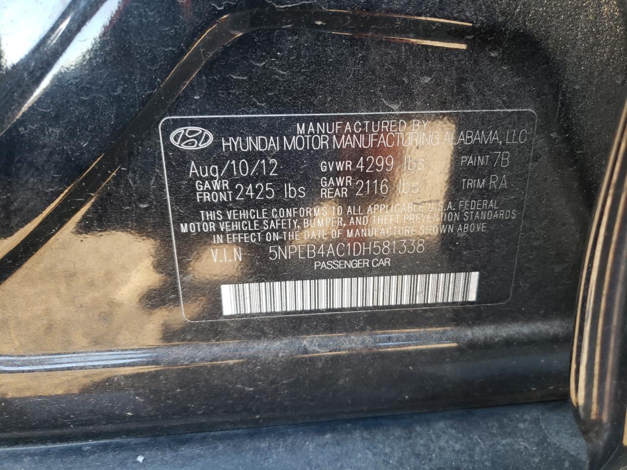 5NPEB4AC1DH581338 2013 Hyundai Sonata Gls