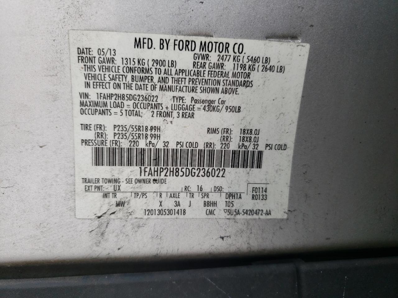 1FAHP2H85DG236022 2013 Ford Taurus Sel