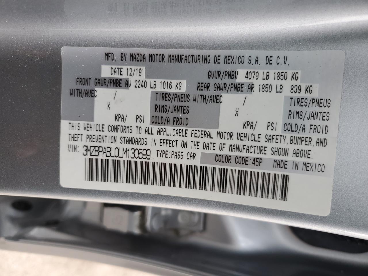 3MZBPABL0LM130599 2020 Mazda 3