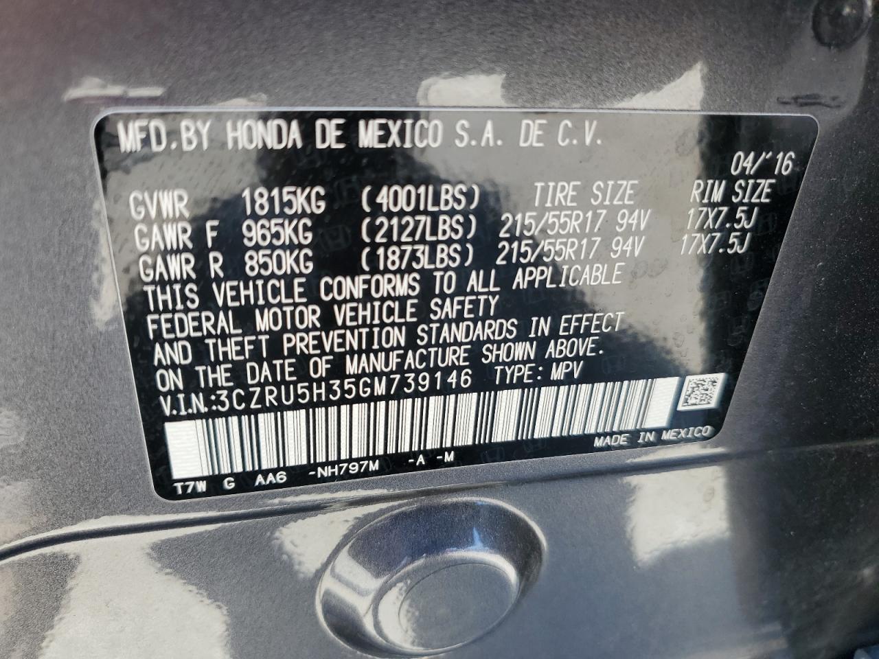 2016 Honda Hr-V Lx vin: 3CZRU5H35GM739146