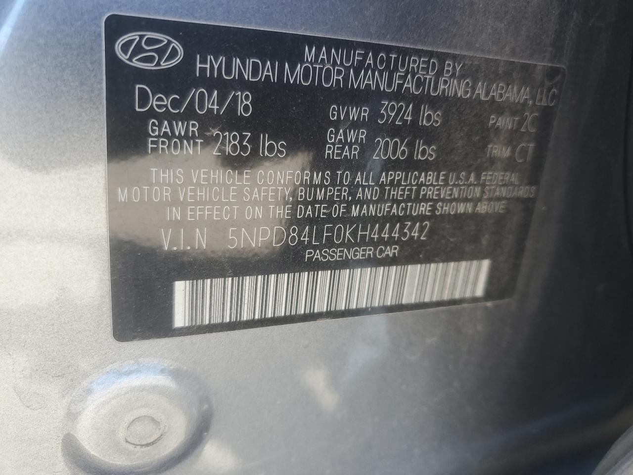 5NPD84LF0KH444342 2019 Hyundai Elantra Sel