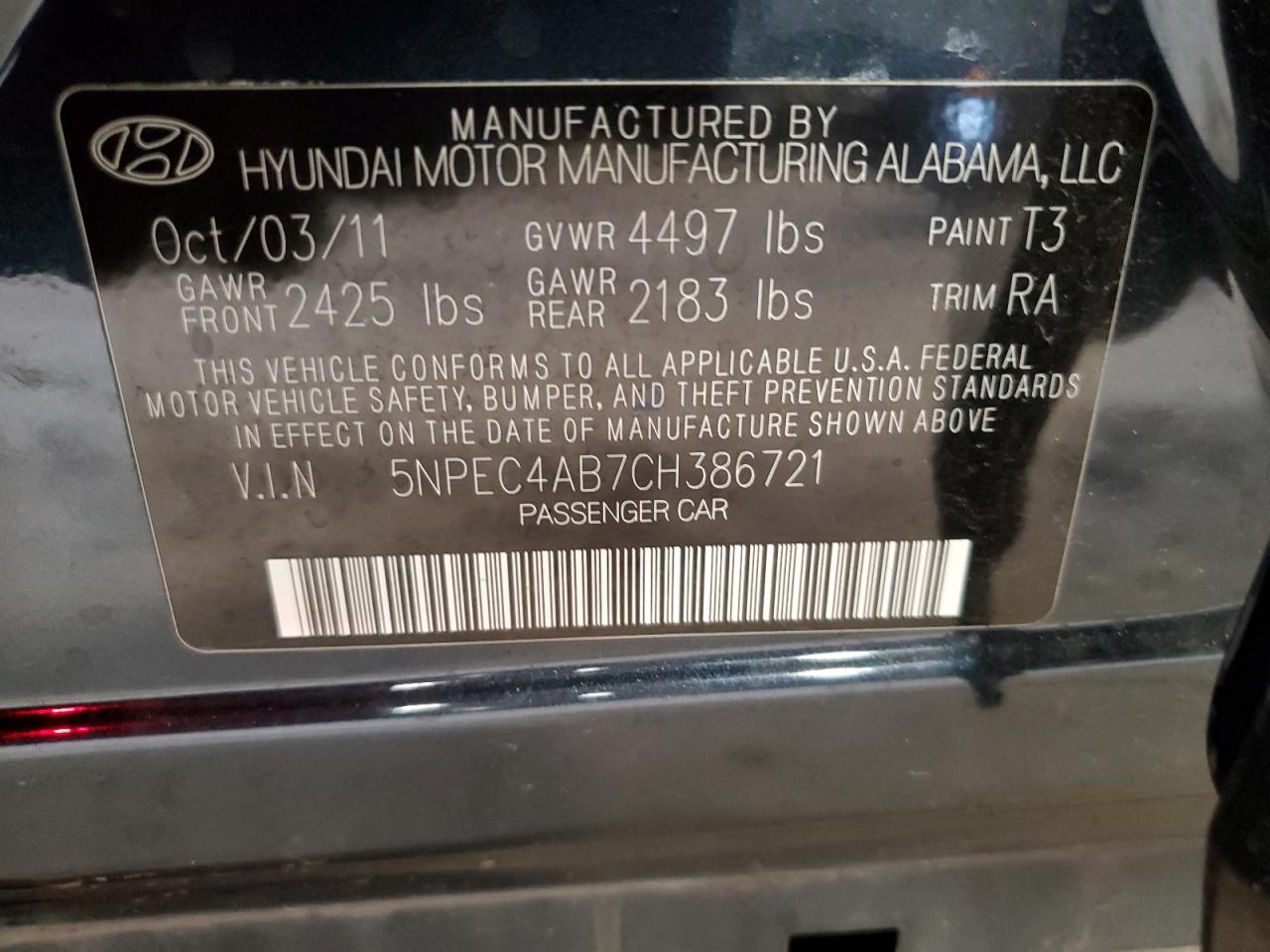 5NPEC4AB7CH386721 2012 Hyundai Sonata Se