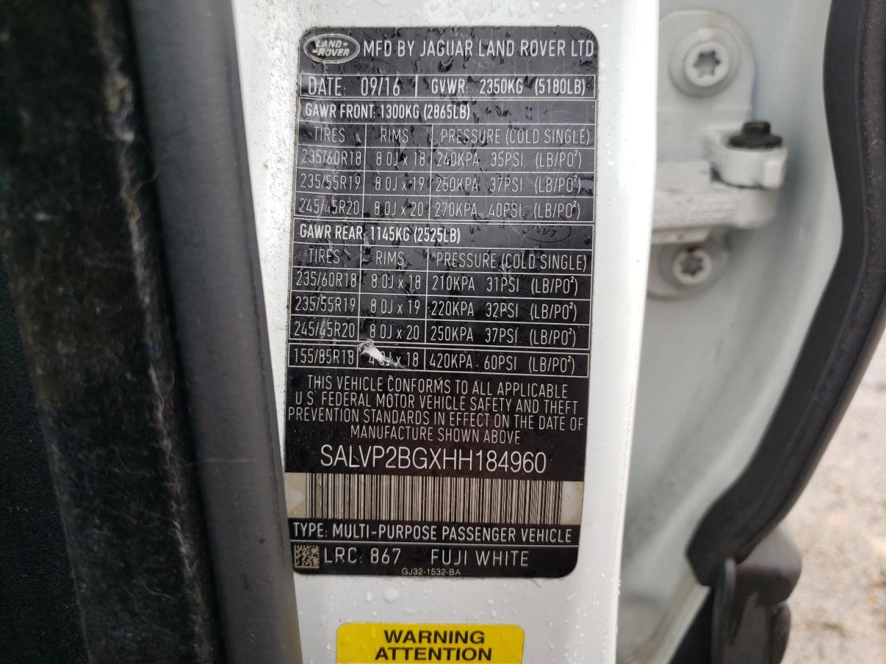 SALVP2BGXHH184960 2017 Land Rover Range Rover Evoque Se