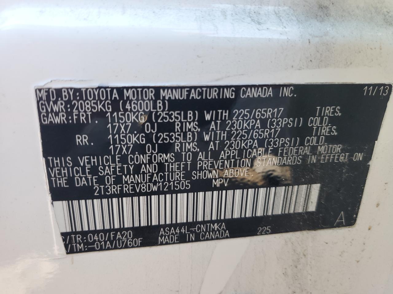 2T3RFREV8DW121505 2013 Toyota Rav4 Xle