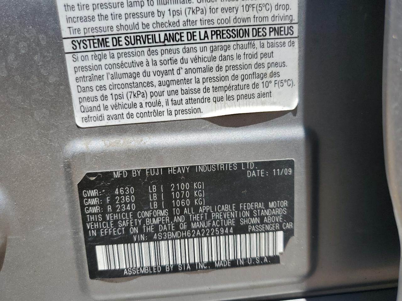 4S3BMDH62A2225944 2010 Subaru Legacy 3.6R Premium