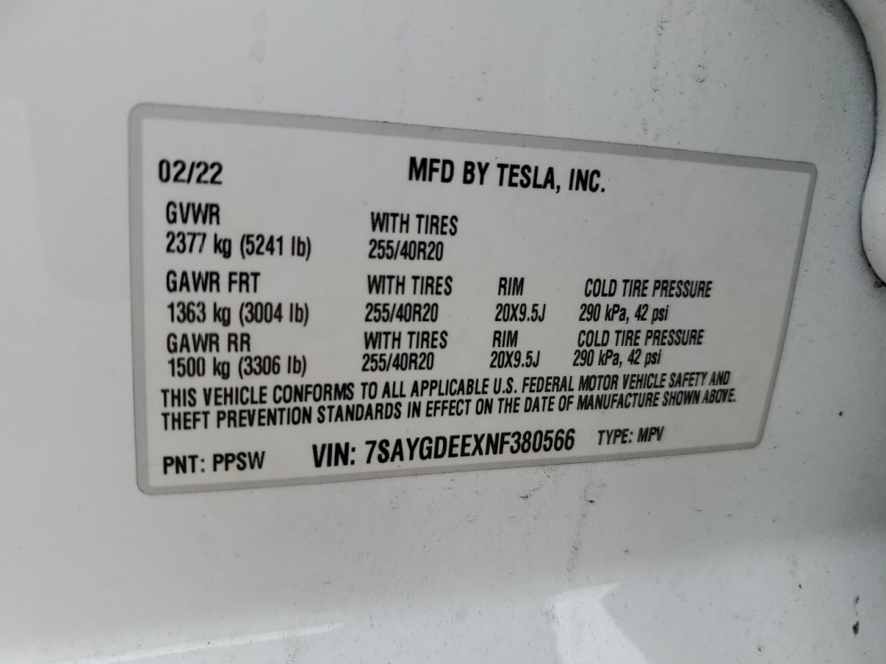 7SAYGDEEXNF380566 2022 Tesla Model Y