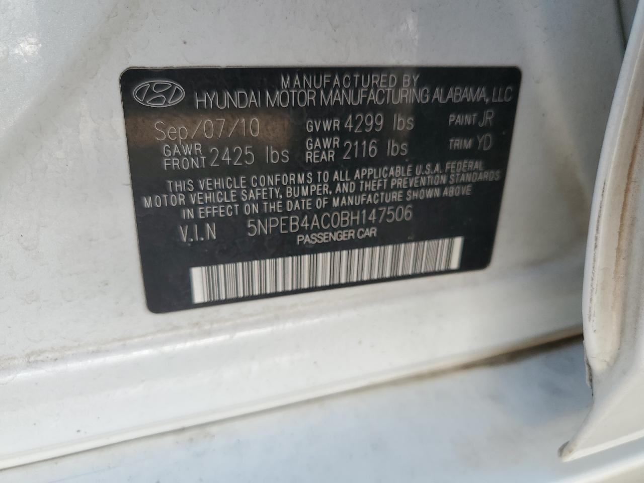 5NPEB4AC0BH147506 2011 Hyundai Sonata Gls