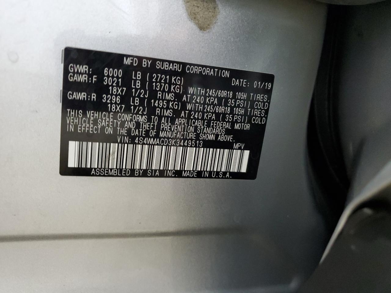 4S4WMACD3K3449513 2019 Subaru Ascent Premium