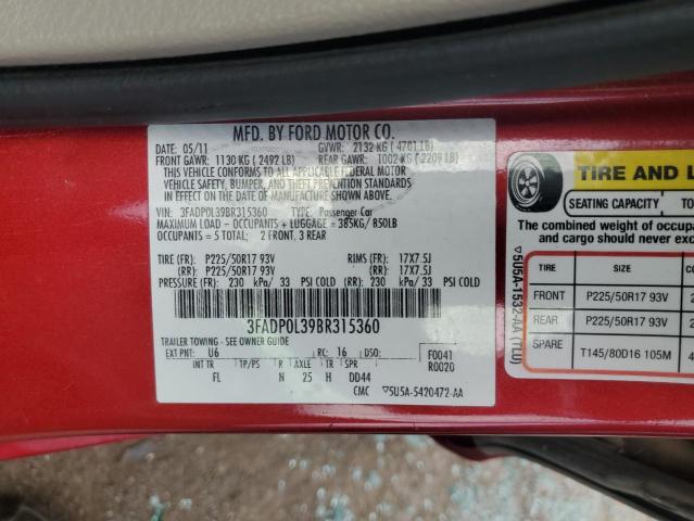 2011 Ford Fusion Hybrid VIN: 3FADP0L39BR315360 Lot: 63114664