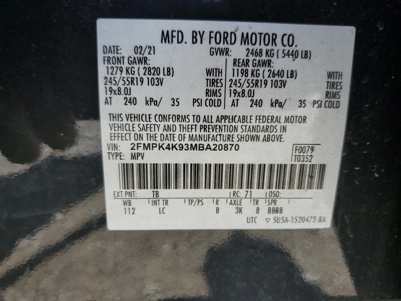 2FMPK4K93MBA20870 2021 Ford Edge Titanium
