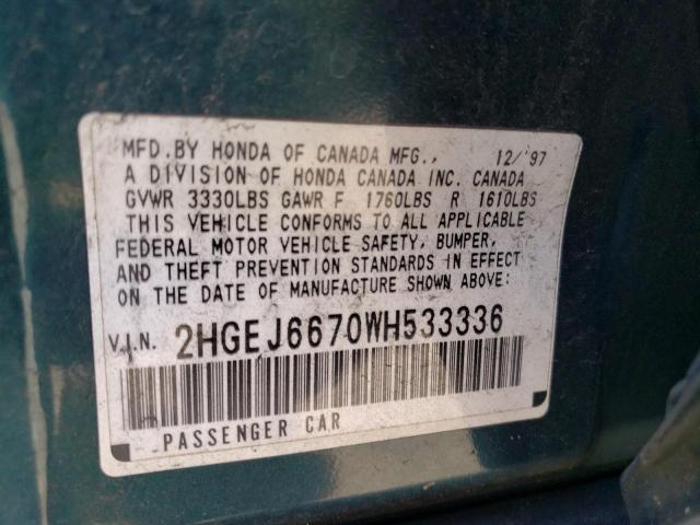 1998 Honda Civic Lx VIN: 2HGEJ6670WH533336 Lot: 59408164