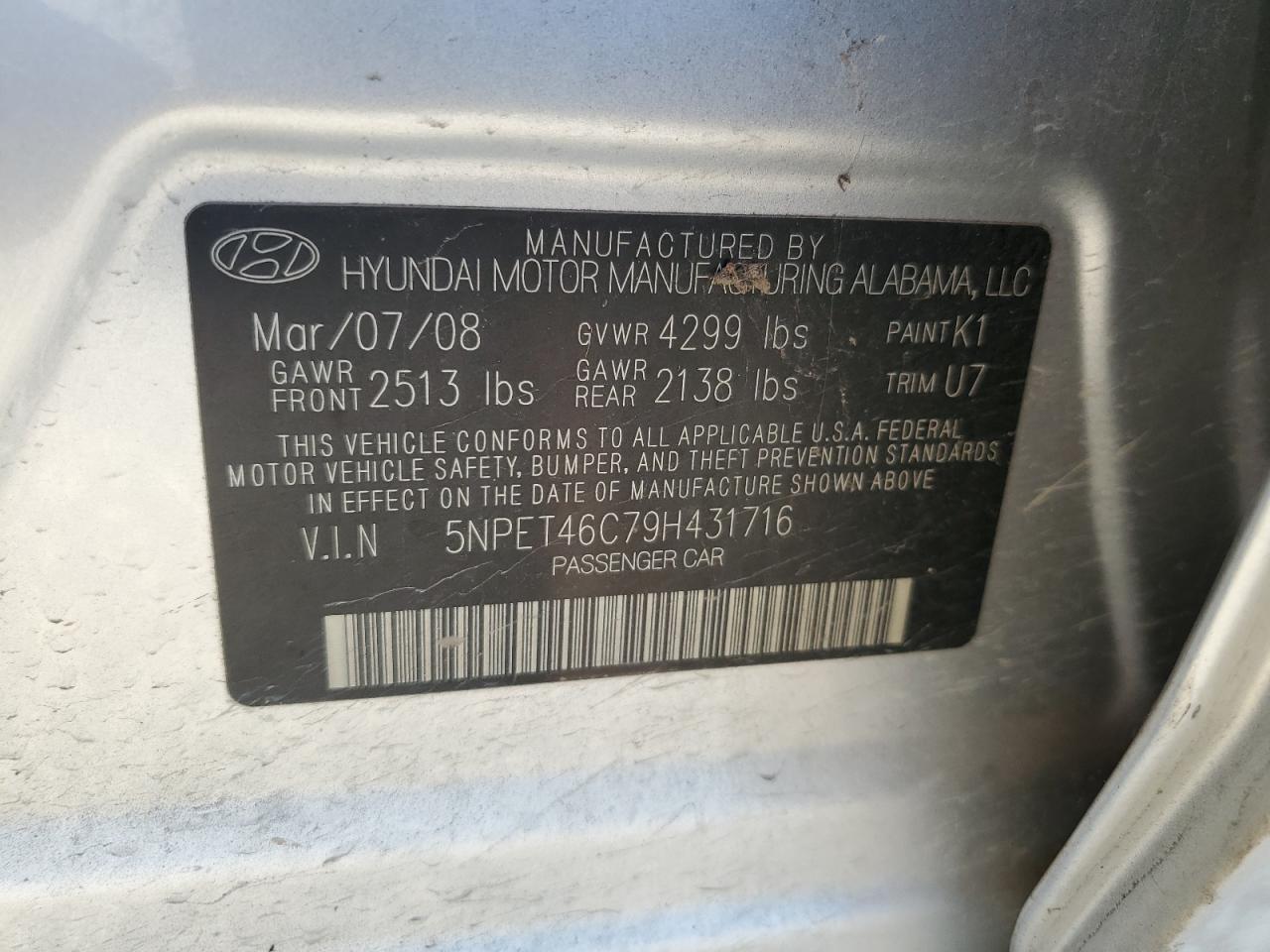 5NPET46C79H431716 2009 Hyundai Sonata Gls