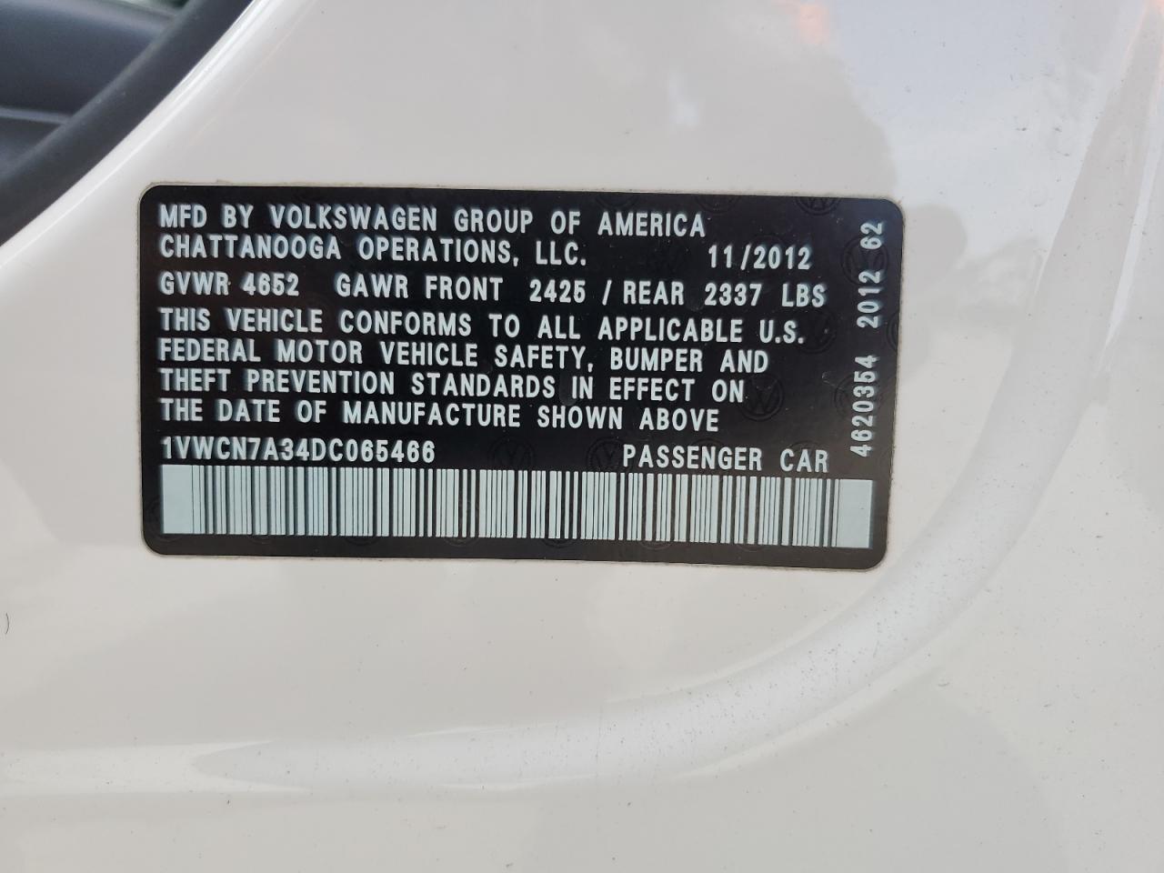 1VWCN7A34DC065466 2013 Volkswagen Passat Sel