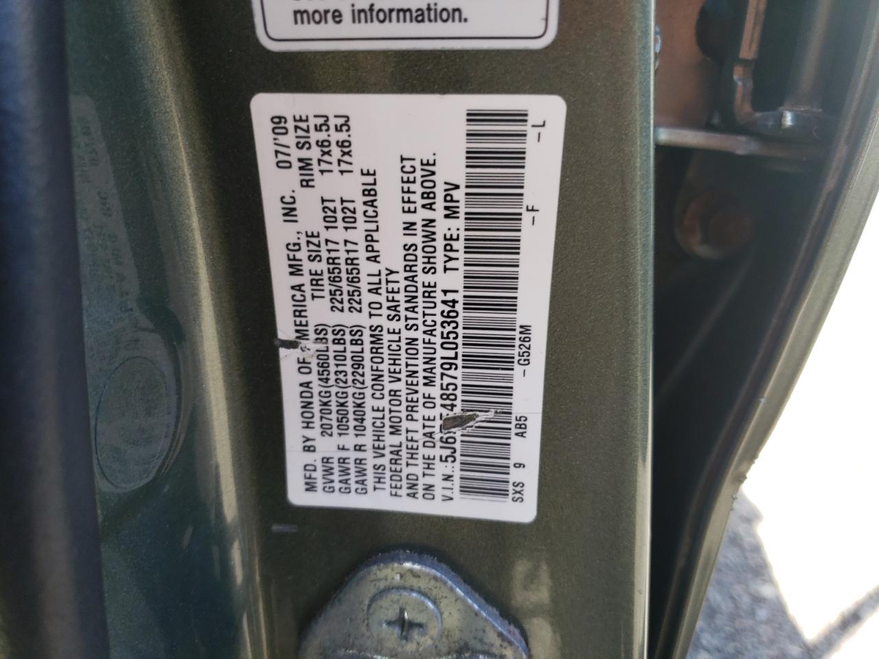 5J6RE48579L053641 2009 Honda Cr-V Ex