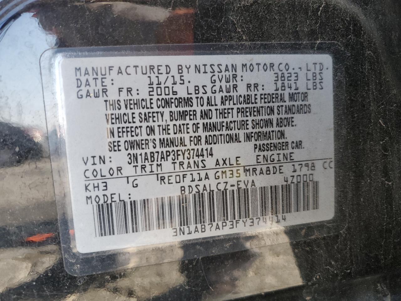 3N1AB7AP3FY374414 2015 Nissan Sentra S