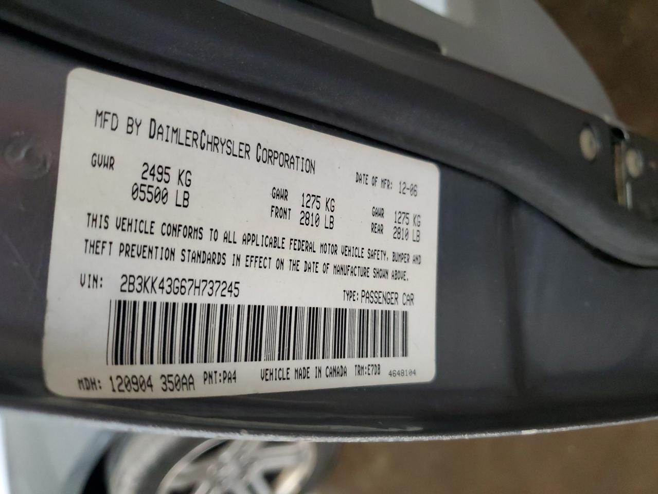 2B3KK43G67H737245 2007 Dodge Charger Se