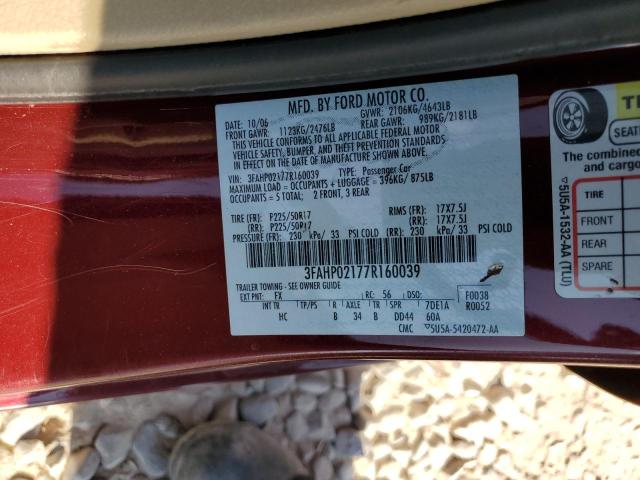 2007 Ford Fusion Sel VIN: 3FAHP02177R160039 Lot: 62054024