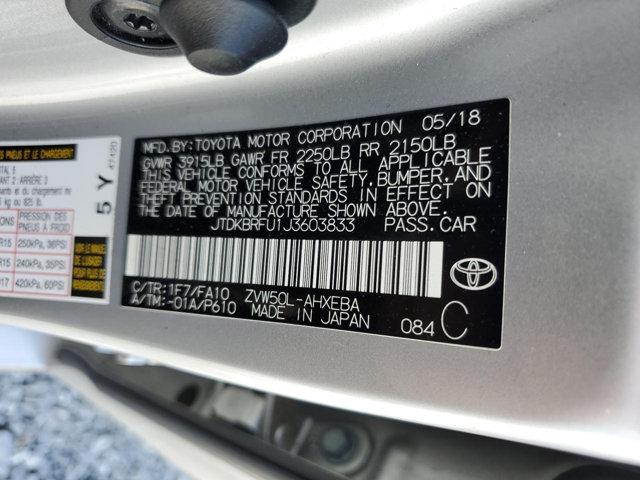 JTDKBRFU1J3603833 2018 Toyota Prius