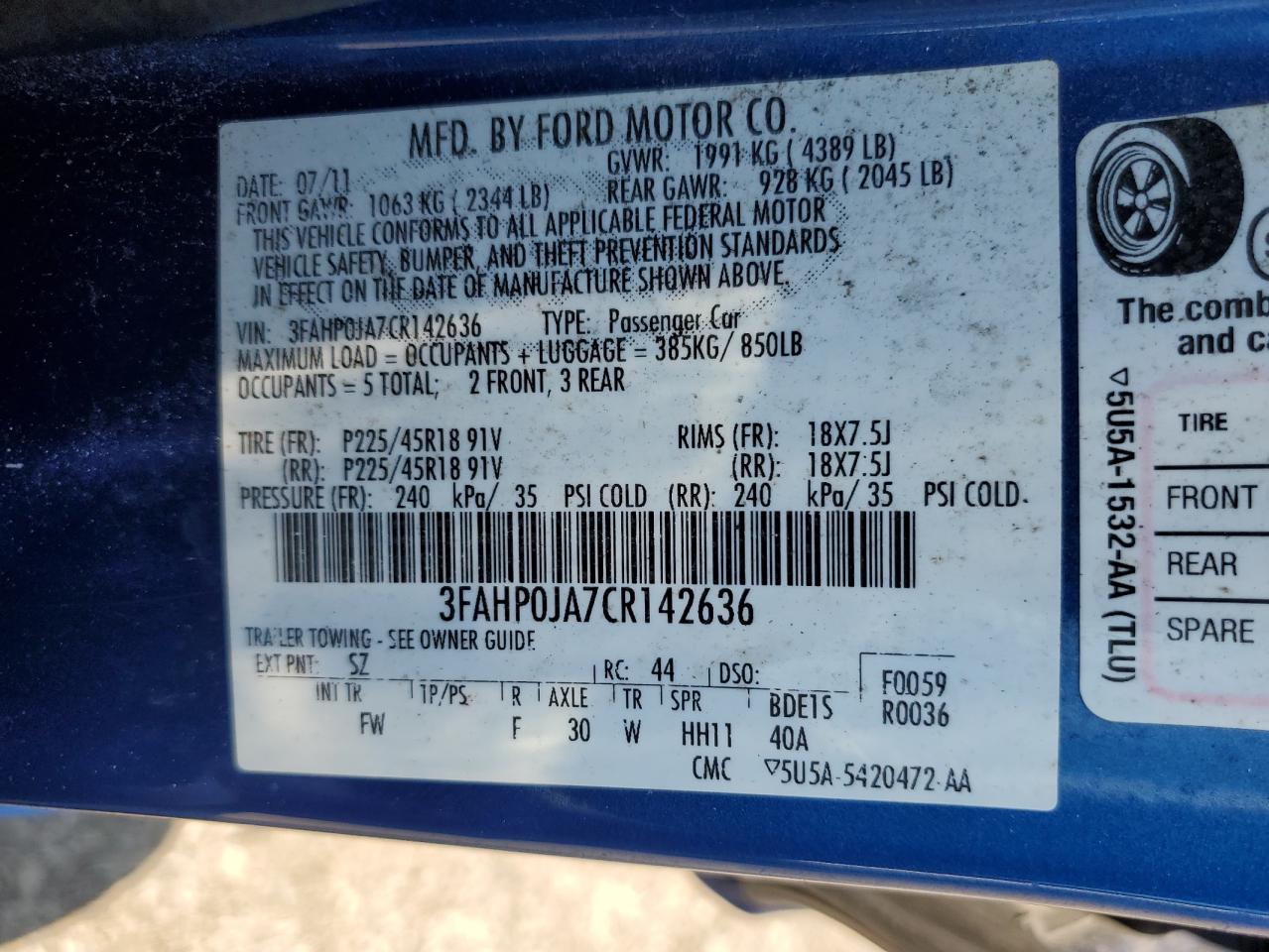 3FAHP0JA7CR142636 2012 Ford Fusion Sel