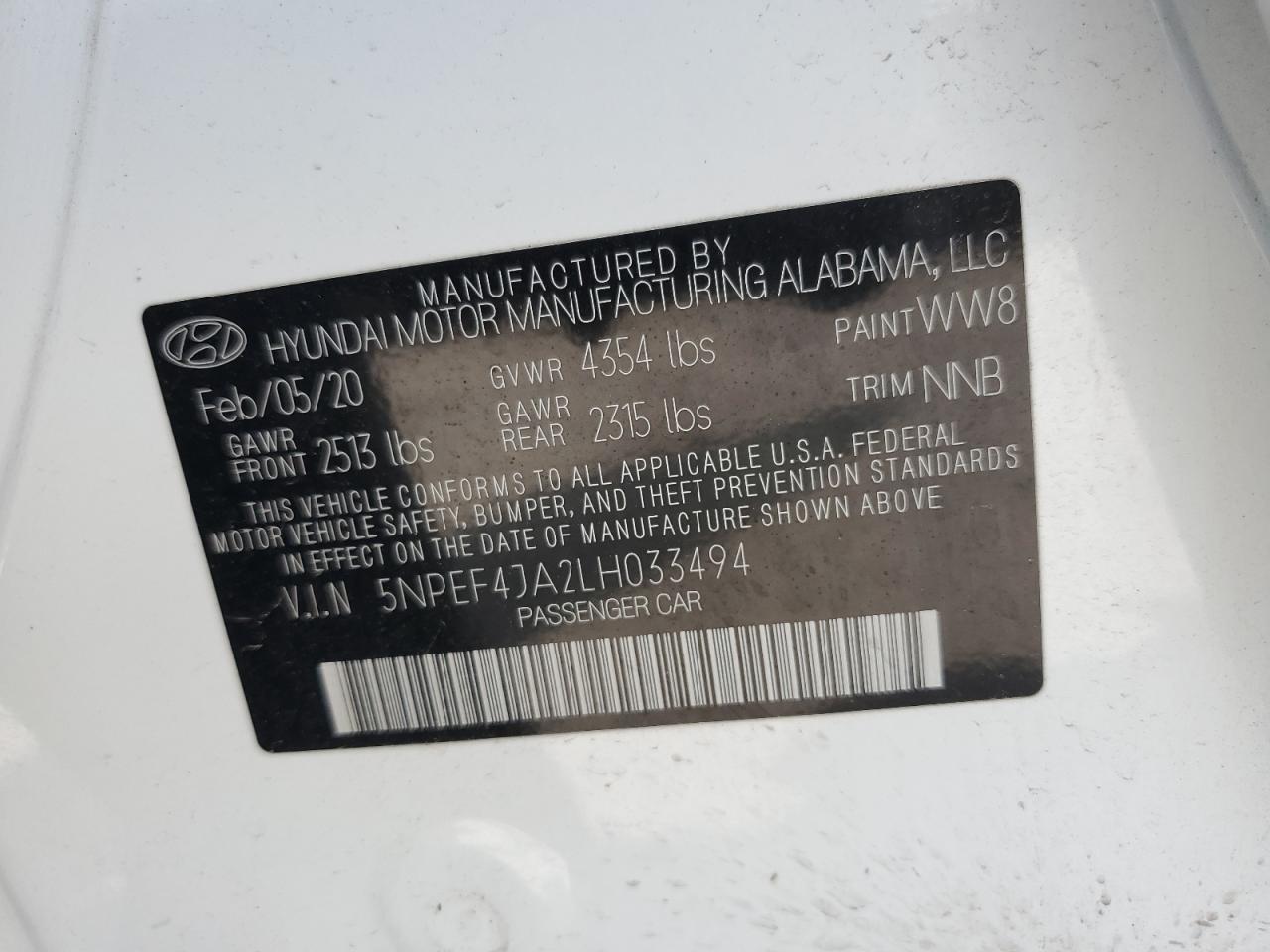 5NPEF4JA2LH033494 2020 Hyundai Sonata Sel