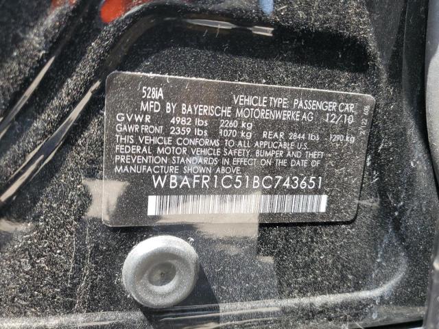 2011 BMW 528 I VIN: WBAFR1C51BC743651 Lot: 61552354