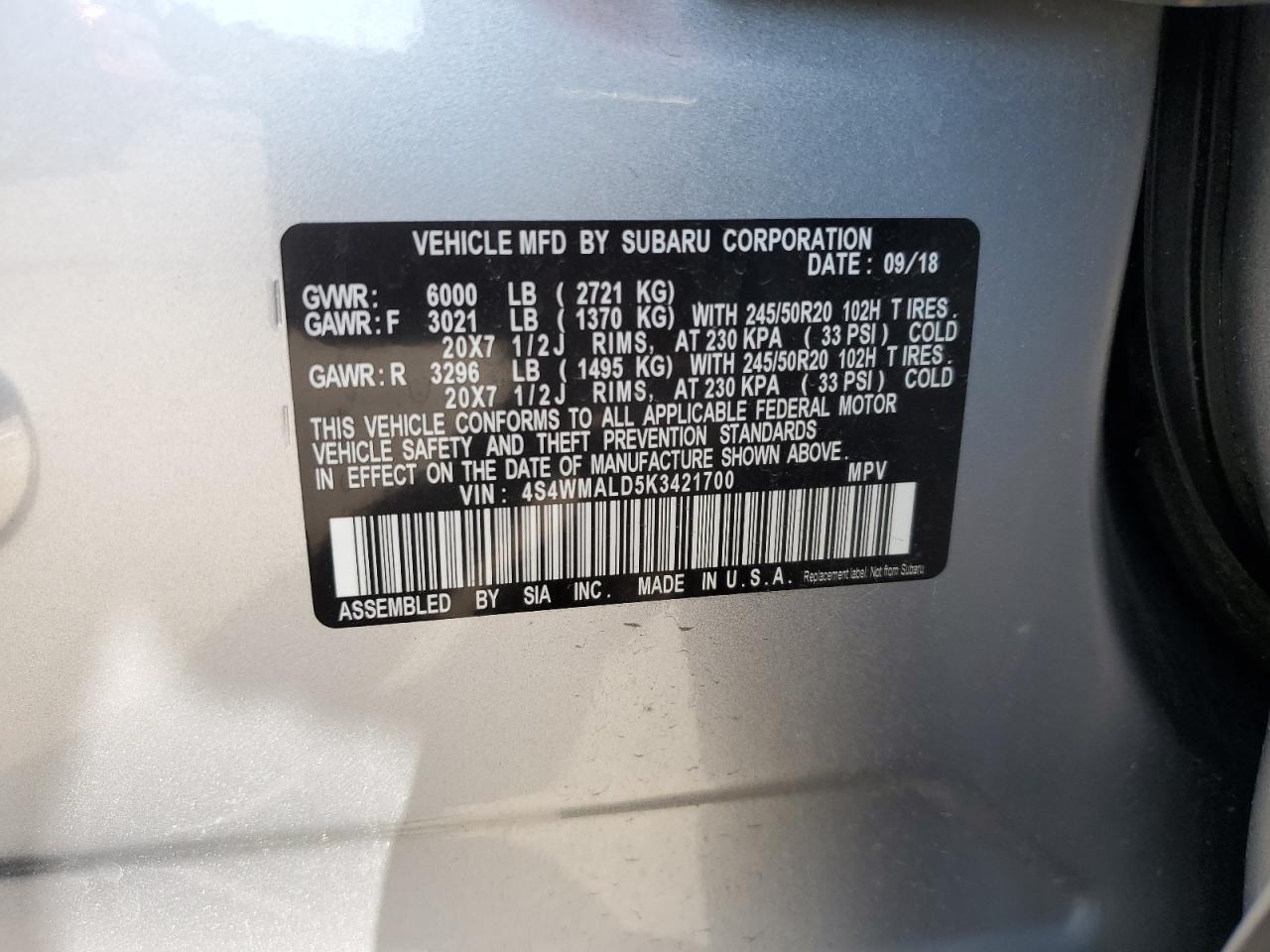 4S4WMALD5K3421700 2019 Subaru Ascent Limited