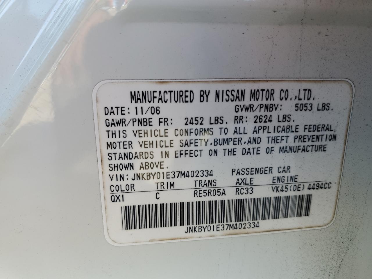 JNKBY01E37M402334 2007 Infiniti M45 Base