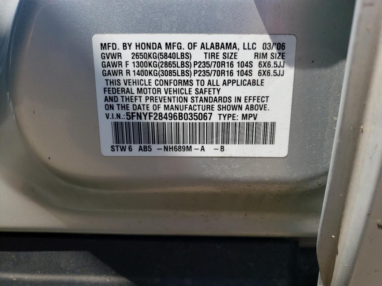 5FNYF28496B035067 2006 Honda Pilot Ex