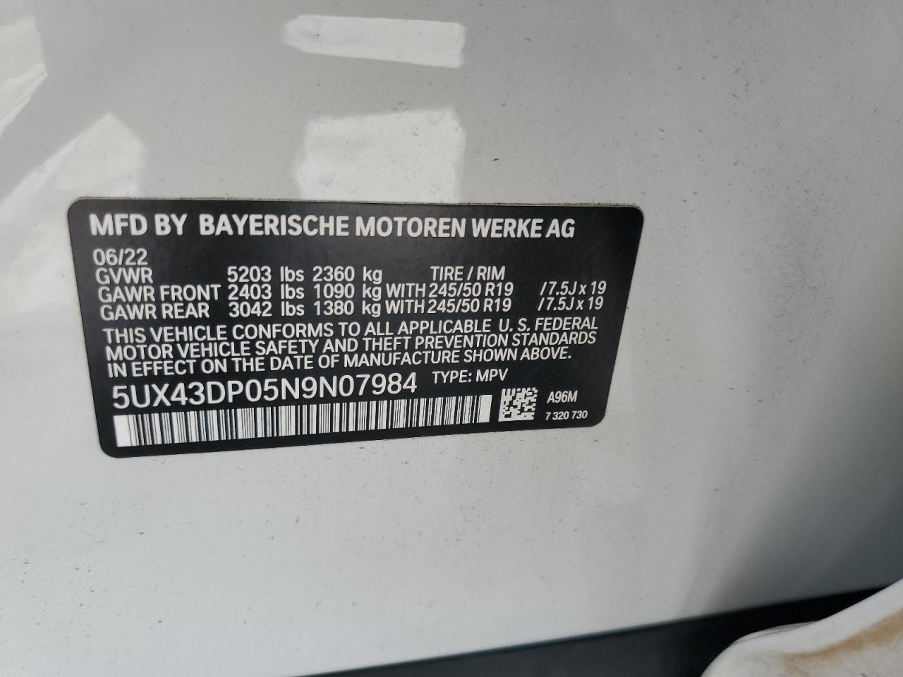 5UX43DP05N9N07984 2022 BMW X3 Sdrive30I