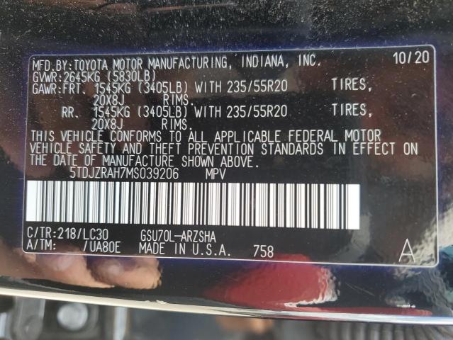 VIN 5TDJZRAH7MS039206 2021 Toyota Highlander, Xse no.12