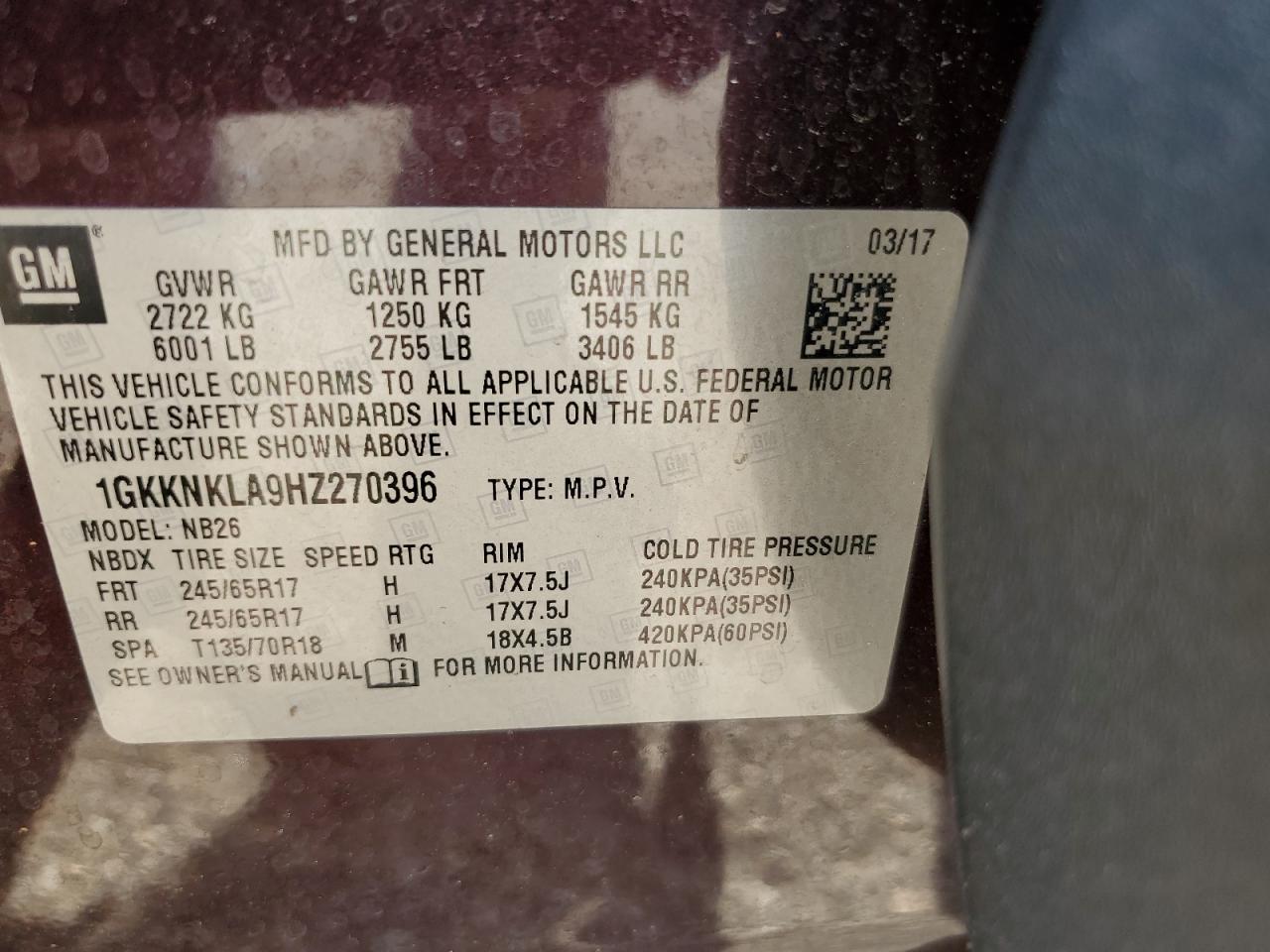 1GKKNKLA9HZ270396 2017 GMC Acadia Sle