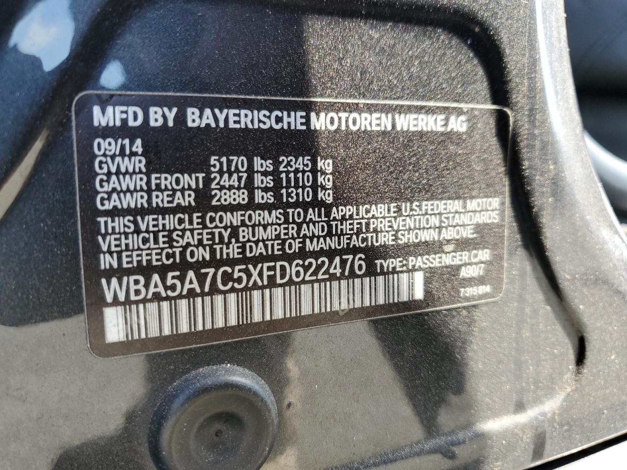 WBA5A7C5XFD622476 2015 BMW 528 Xi