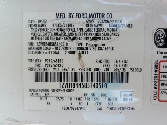 2008 Ford Mustang VIN: 1ZVHT84N585140510 Lot: 61079514