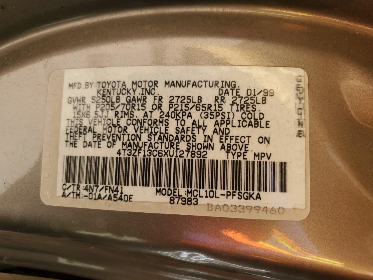 4T3ZF13C6XU127892 1999 Toyota Sienna Le