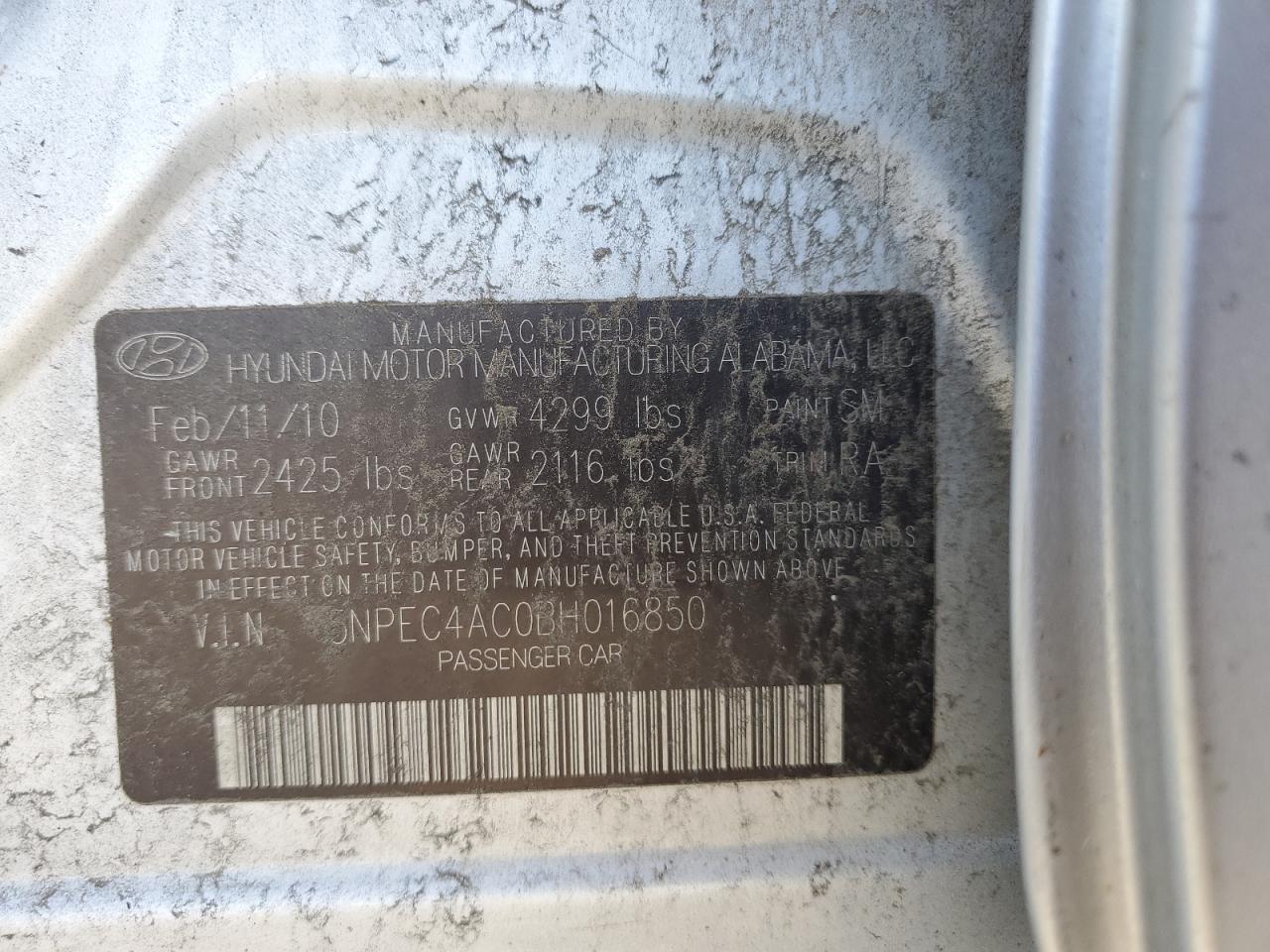 5NPEC4AC0BH016850 2011 Hyundai Sonata Se