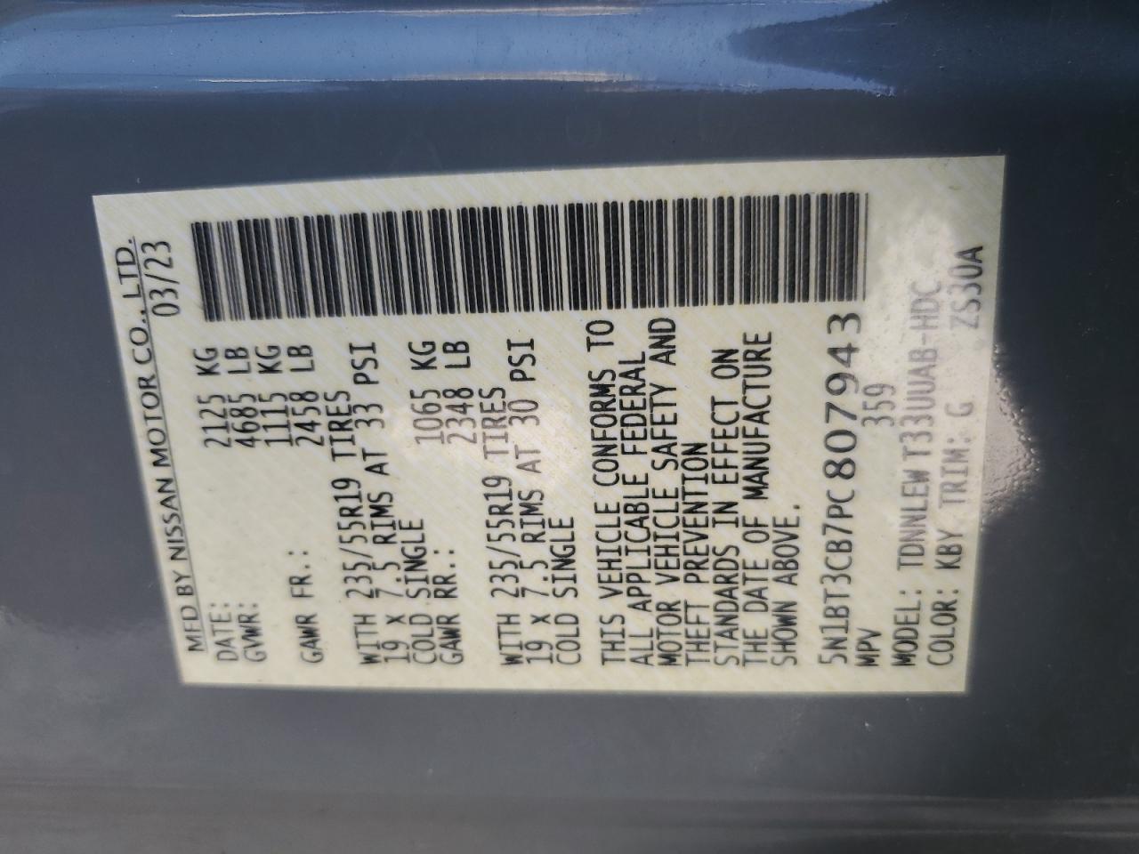 5N1BT3CB7PC807943 2023 Nissan Rogue Sl