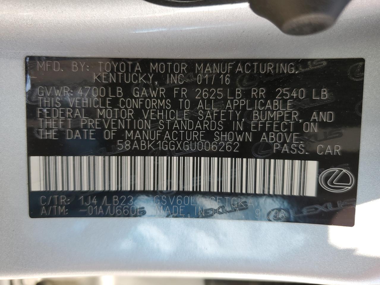 58ABK1GGXGU006262 2016 Lexus Es 350