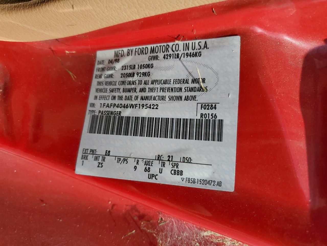 1FAFP4046WF195422 1998 Ford Mustang