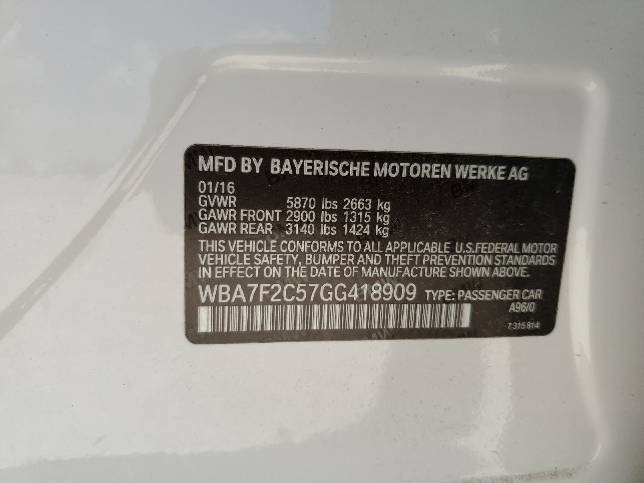 WBA7F2C57GG418909 2016 BMW 750 Xi