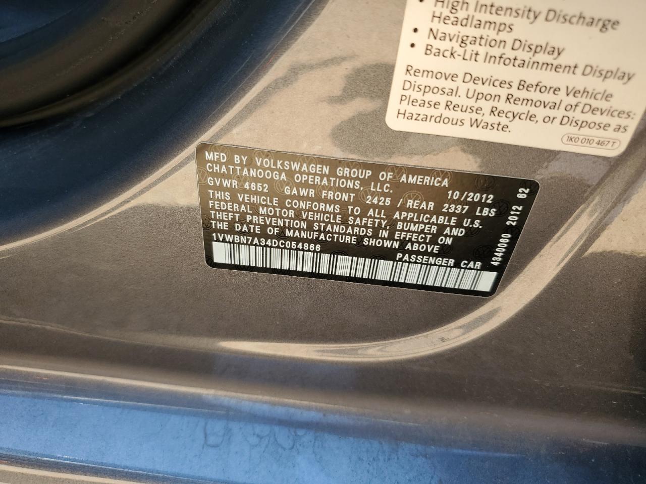 1VWBN7A34DC054866 2013 Volkswagen Passat Se