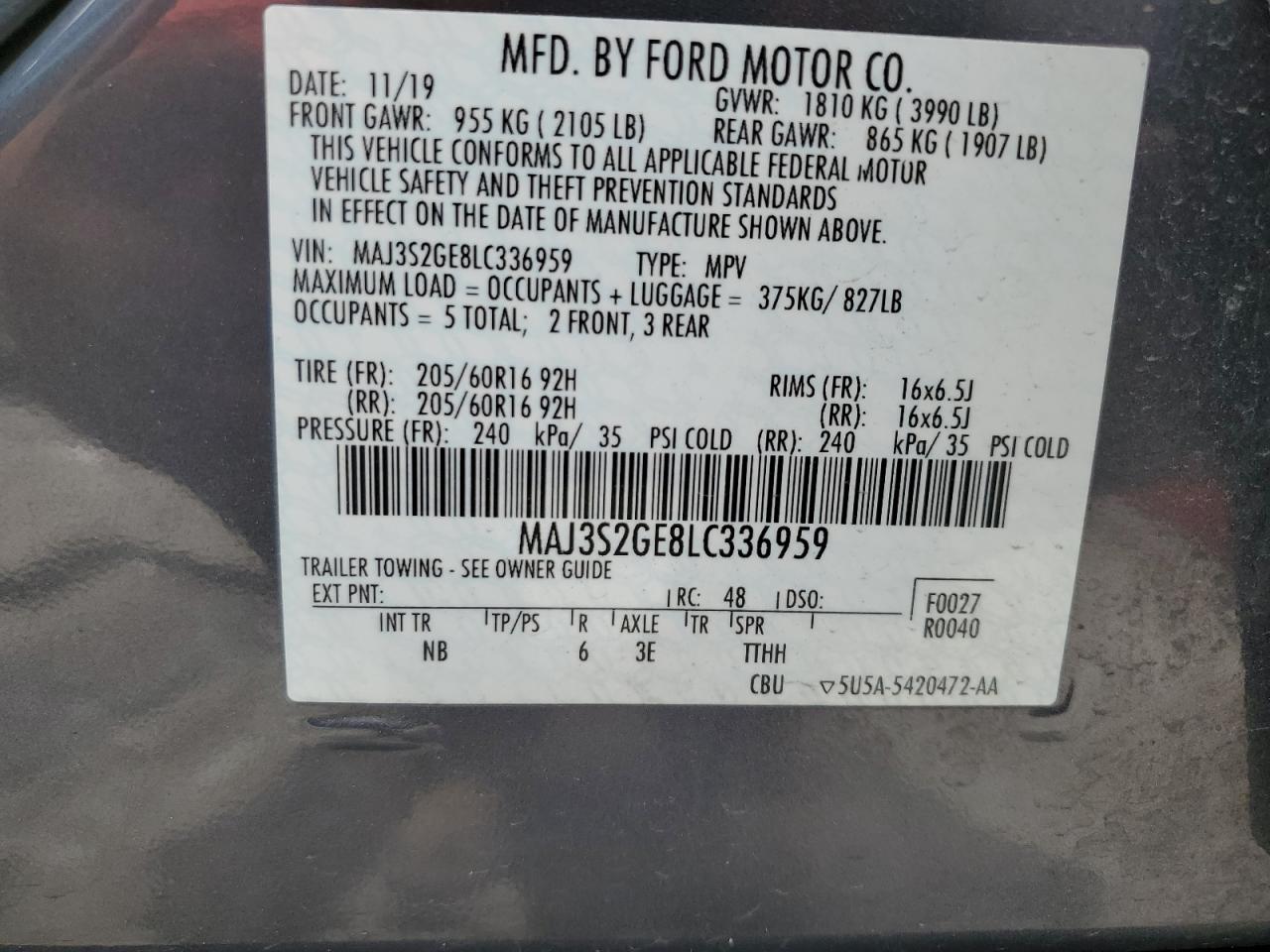 MAJ3S2GE8LC336959 2020 Ford Ecosport Se