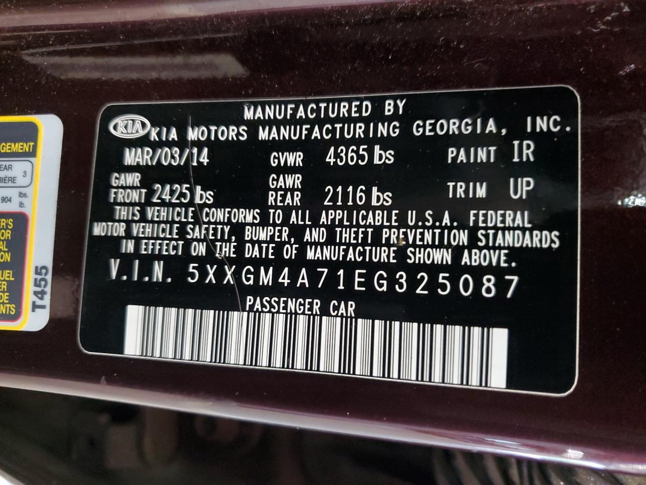 5XXGM4A71EG325087 2014 Kia Optima Lx