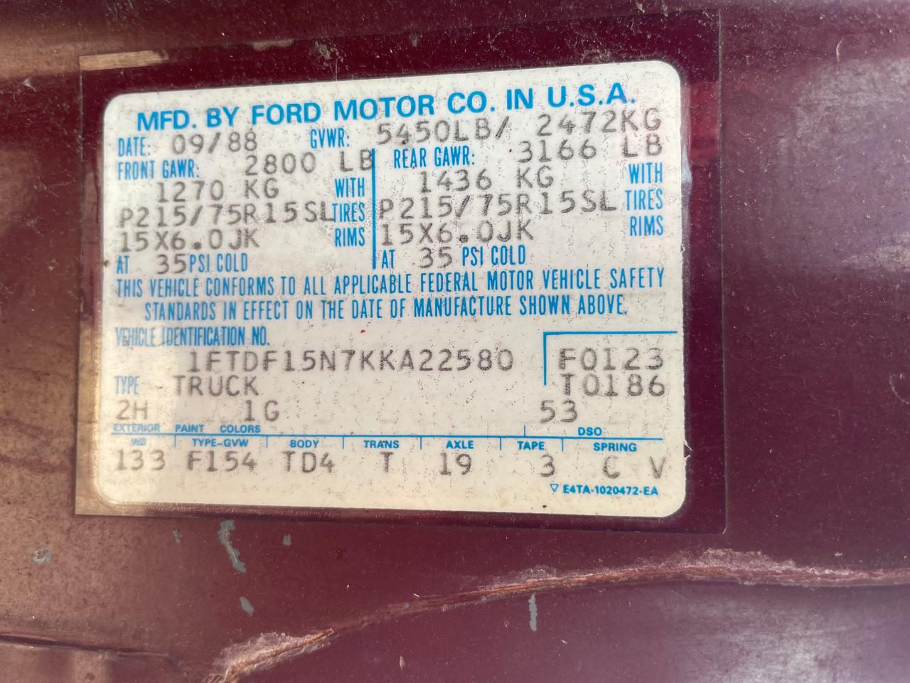 1ftdf15n7kka22580 1FTDF15N7KKA22580 1989 Ford F150