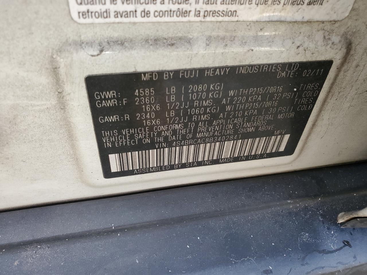 4S4BRCAC8B3402841 2011 Subaru Outback 2.5I