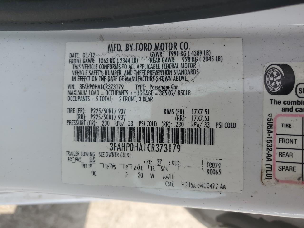 3FAHP0HA1CR373179 2012 Ford Fusion Se
