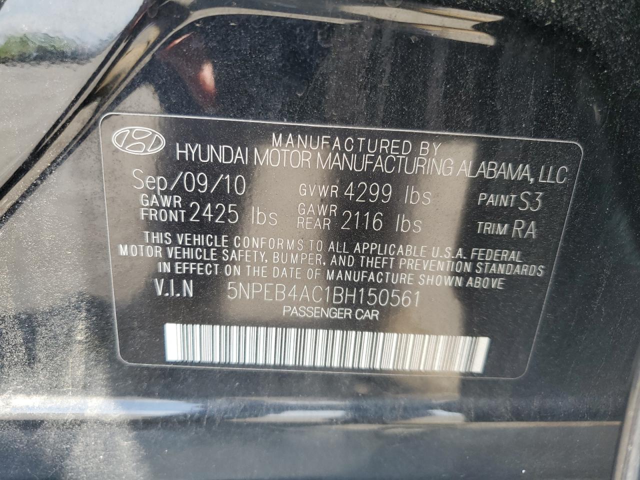 5NPEB4AC1BH150561 2011 Hyundai Sonata Gls