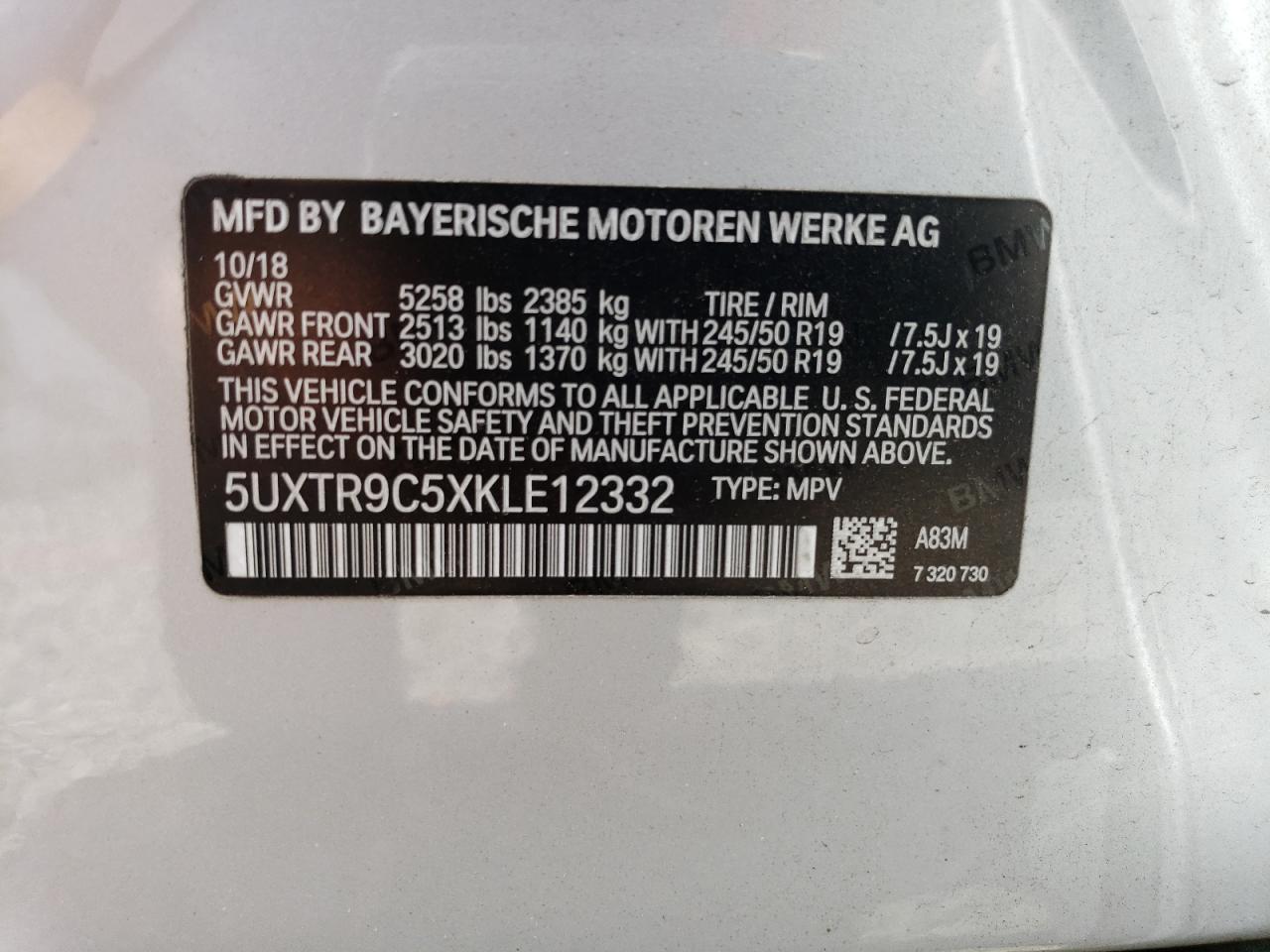5UXTR9C5XKLE12332 2019 BMW X3 xDrive30I