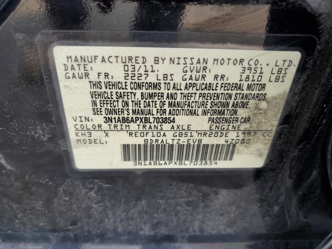 3N1AB6APXBL703854 2011 Nissan Sentra 2.0