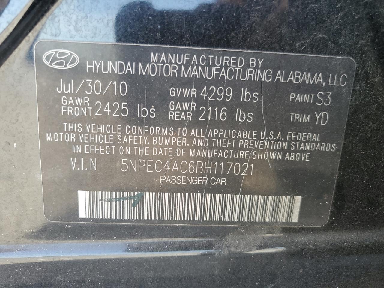 5NPEC4AC6BH117021 2011 Hyundai Sonata Se