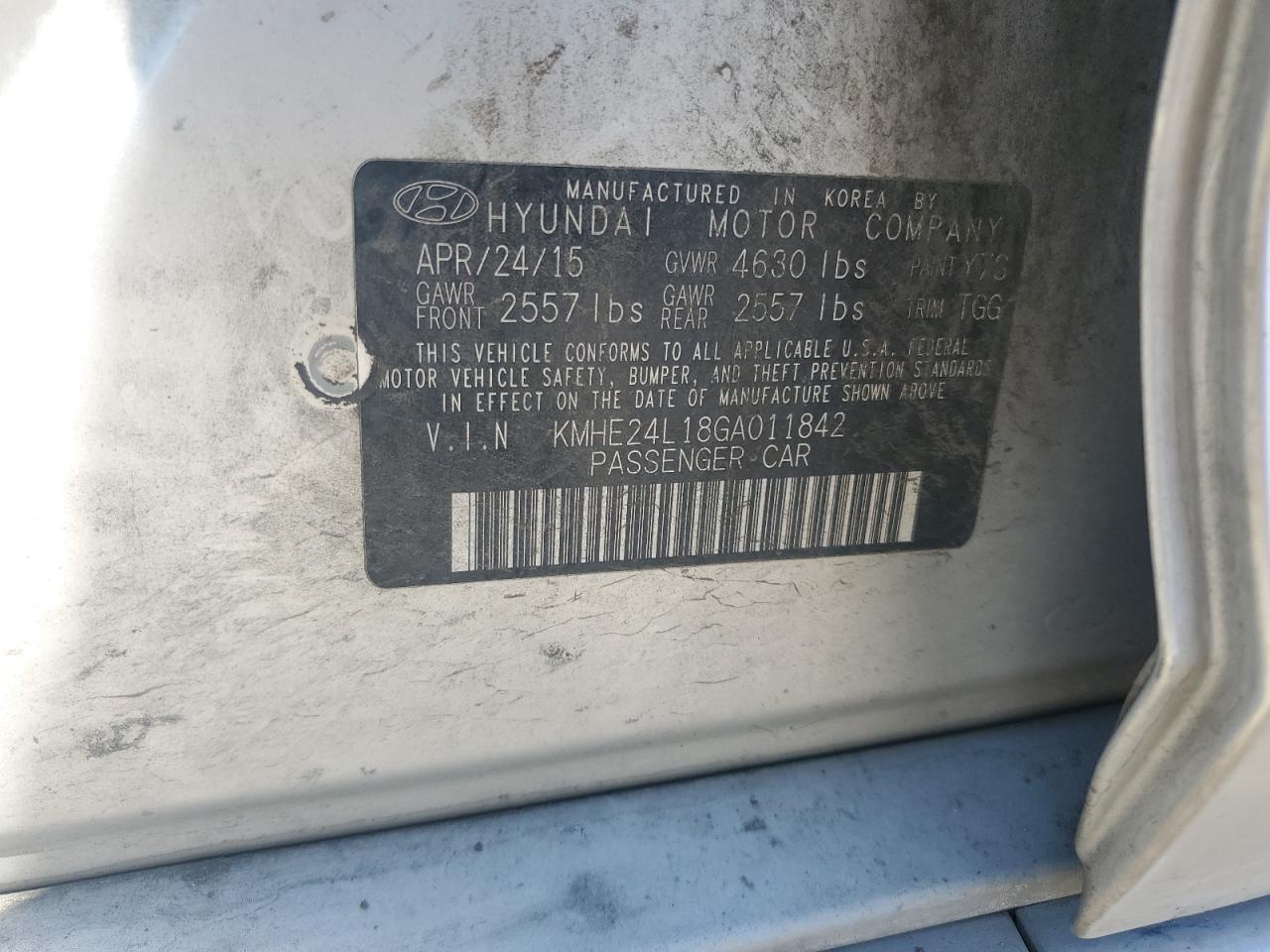 KMHE24L18GA011842 2016 Hyundai Sonata Hybrid